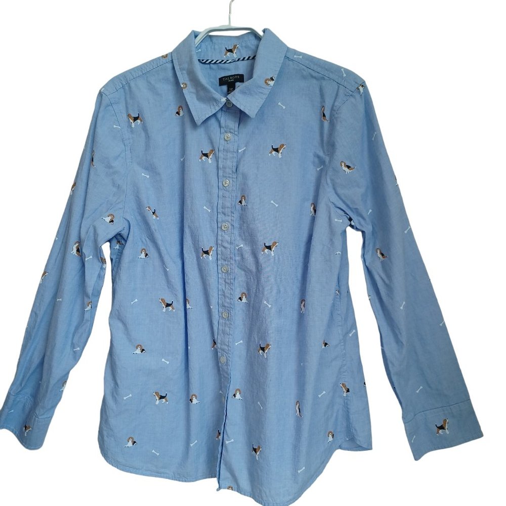 Talbots Shirt Beagle Dog Print Classic Cotton Button Down Size Petite Large